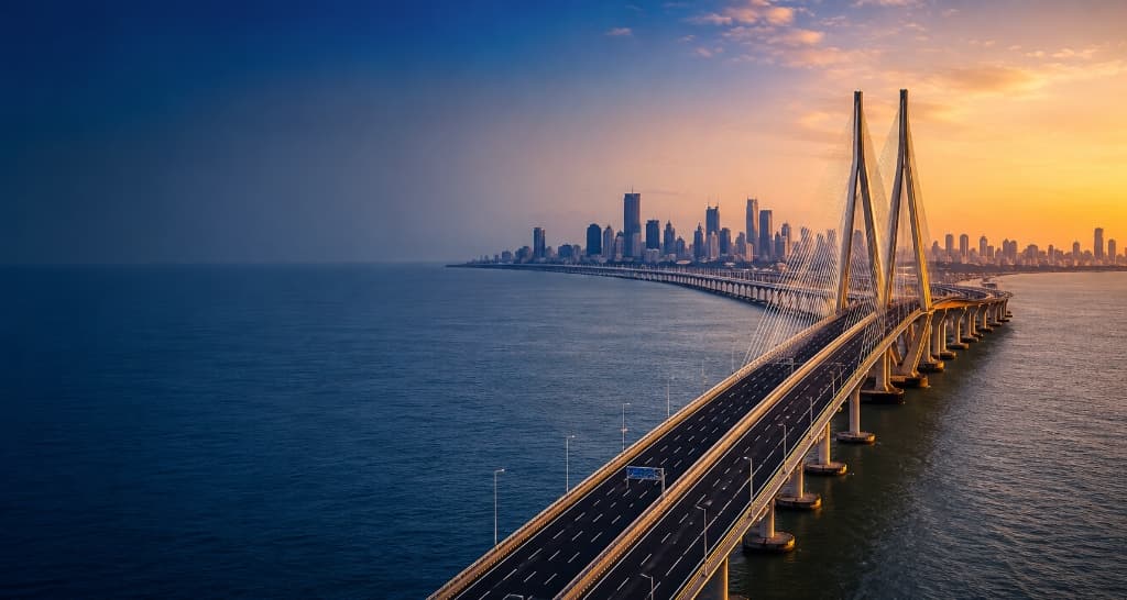 Atal Setu (MTHL) bridge connecting Mumbai and Navi Mumbai at sunset